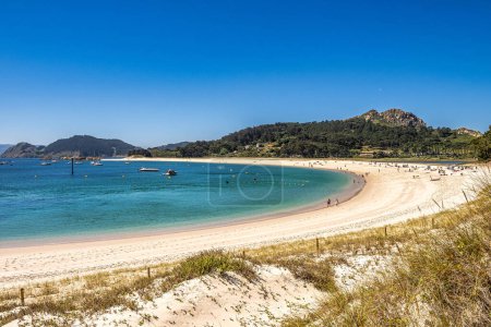 Photo for Beach of Rodas in Cies Islands nature reserve, white sand and clear turquoise water. Atlantic Islands of Galicia National Park, Spain. - Royalty Free Image