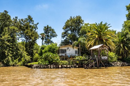 Bootstour auf dem Parana Delta, Tigre, Buenos Aires, Argentinien. Üppige Vegetation, Palmen, Baustelle eines modernen Backsteinhauses. Flussdeltasystem des Lujan, das Wasser nach Rio de la Plata bringt.
