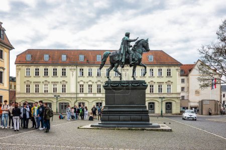 Photo for Weimar, Germany - May 10, 2023: Place of Democracy in city of Weimar in Germany. Equestrian sculpture of Carl August - Duke of Saxe-Weimar-Eisenach - Royalty Free Image