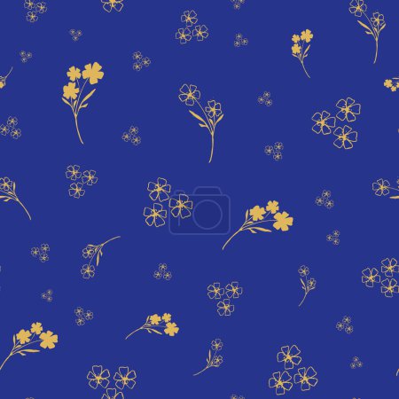 Illustration for Wild meadow flower seamless vector pattern background. Scattered yellow flowers on bright blue backdrop. Line art outline silhouette botanical design. Garden floral maximalist cottagecore for summer. - Royalty Free Image