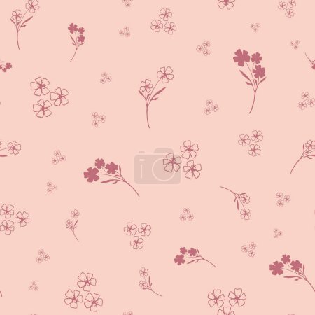 Wilde Wiese Blume nahtlose Vektormuster Hintergrund. Verstreute gelbe Blüten monochrom rosa Hintergrund. Linienkunst umreißt Silhouette botanisches Design. Garten Blumen maximalistischen cottagecore für den Sommer.