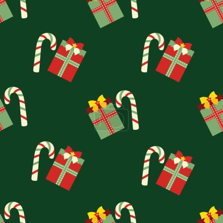 Photo for Candy cane sweet sticks and presents seamless vector pattern. Christmas or New Year festive background repeat with traditional festive motifs.. Celebration winter design for wrapping paper, packaging. - Royalty Free Image