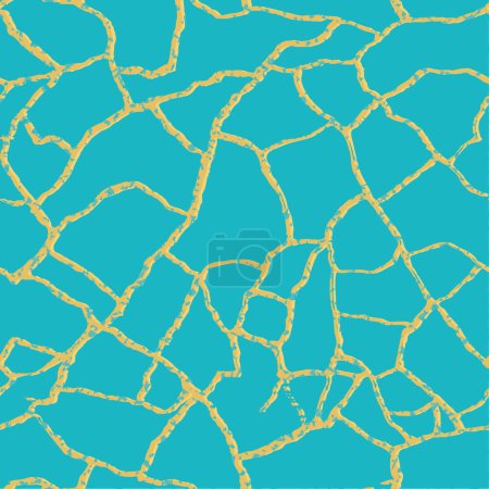 Illustration for Gold kintsugi crack vector seamless pattern background. Golden irregular joined crackle lines on blue turquoise backdrop. Japanese art inspired broken repair lines effect.Craquelure texture repeat - Royalty Free Image