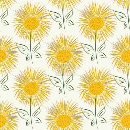 Illustration for Inula flower seamless vector pattern background. Perennial cottage garden flowers yellow green backdrop. Giant Fleabane painterly geometric design. Maximalist cottagecore for summer, packaging. - Royalty Free Image
