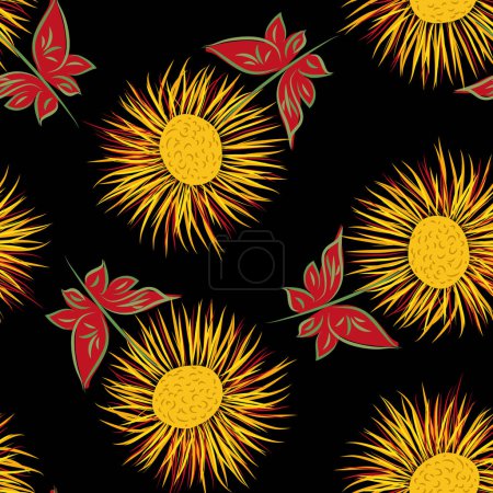 Illustration for Inula flower seamless vector pattern background. Perennial cottage garden flowers yellow red black backdrop. Giant Fleabane painterly scattered design. Maximalist cottagecore for summer, fall. - Royalty Free Image