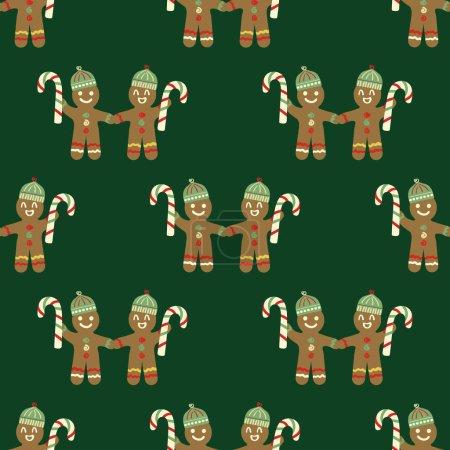 Illustration for Cute pairs of gingerbread men, candy canes seamless vector pattern background. Traditional Christmas motifs on dark green backdrop. Fun festive hand drawn naive style repeat. Holidays all over print. - Royalty Free Image