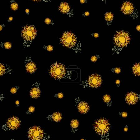 Illustration for Inula flower seamless vector pattern background. Perennial cottage garden flowers yellow black backdrop. Giant Fleabane painterly scattered design. Maximalist cottagecore for fall, packaging, gift. - Royalty Free Image