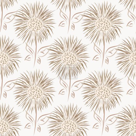 Illustration for Inula flower seamless vector pattern background. Perennial cottage garden flowers neutral pastel backdrop. Giant Fleabane painterly geometric design. Maximalist cottagecore for summer, packaging. - Royalty Free Image