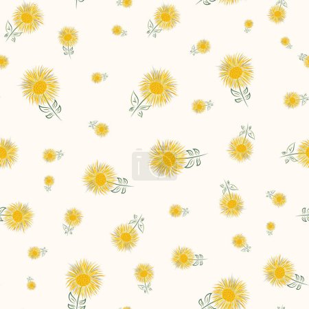Illustration for Inula flower seamless vector pattern background. Perennial cottage garden flowers yellow green backdrop. Giant Fleabane painterly scattered design. Maximalist cottagecore for summer, packaging. - Royalty Free Image