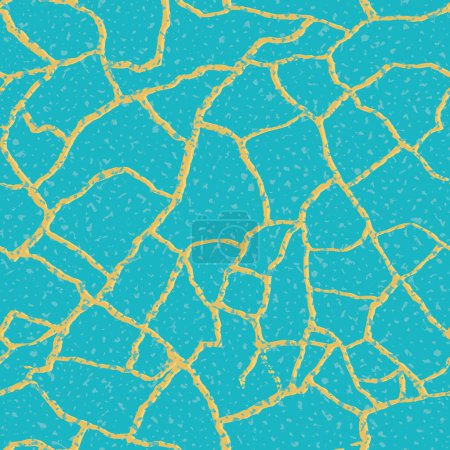 Illustration for Gold kintsugi crack vector seamless pattern background. Golden irregular joined crackle lines on blue turquoise textured backdrop. Japanese art inspired broken repair lines effect.Craquelure texture. - Royalty Free Image