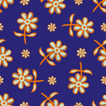 Illustration for Wildflower seamless vector pattern background. Tropical orange neon blue naive meadow flowers backdrop. Hand drawn line art outline botanical design. Garden flower cottagecore aesthetic for packaging. - Royalty Free Image