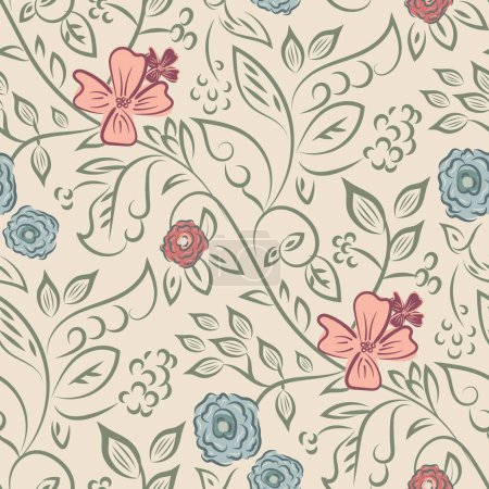 Illustration for Wildflower seamless vector pattern background. Vintage boho style meadow flowers backdrop. Hand drawn line art painterly botanical design. Garden flower cottagecore maximalist repeat for gifting. - Royalty Free Image
