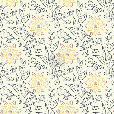 Illustration for Wildflower seamless vector pattern background. Vintage boho style meadow flowers backdrop. Hand drawn textural painterly botanical design. Garden flower cottagecore maximalist repeat. - Royalty Free Image
