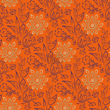 Illustration for Wildflower seamless vector pattern background. Tropical orange geometric flowers backdrop. Hand drawn textural painterly botanical design. Neon orange flower maximalist repeat for summer. - Royalty Free Image