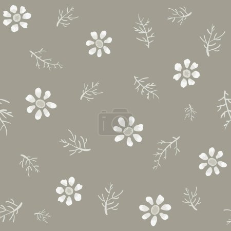 Illustration for Neutral chamomile flower and leaf seamless vector pattern vector pattern background. Small flower heads and sprigs leaves scattered on beige ecru backdrop. Repeat for garden business products,blog. - Royalty Free Image