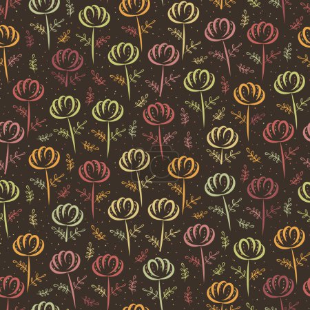 Hand-drawn simple floral vector seamless background pattern. Fall color background with line art painterly flowers. Textural design outlines. Decorative botanical repeat all over print for fall.
