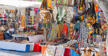 Colourful market stall with African fashion accessories at a market in Cape Town South Africa