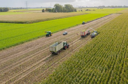 Téléchargez les photos : Hambourg, Allemagne - 11 octobre 2022 : Chopper de maïs Claas Jaguar 960 et tracteur FENDT 930 Vario avec Veenhuis Super Silagewagon pendant la récolte de maïs - en image libre de droit