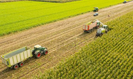 Téléchargez les photos : Hambourg, Allemagne - 11 octobre 2022 : Chopper de maïs Claas Jaguar 960 et tracteur FENDT 930 Vario avec Veenhuis Super Silagewagon pendant la récolte de maïs - en image libre de droit