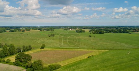Drone aerial view of various agricultural fields in Schleswig Holstein Germany