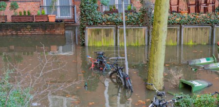 Backyard of a building flooded by a storm surge at the port of Hamburg