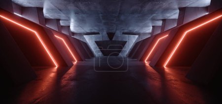 Téléchargez les photos : Sci Fi Futuristic Cement Hallway Garage Hall Underground Orange Electric Neon Laser Lights Night Cyberpunk Tunnel Showroom Stage Illustration de rendu 3D - en image libre de droit