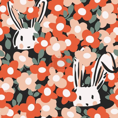 Cute and adorable little bunnies hiding in burrows covered by flowers in white, champagne pink, red and smoke grey over black background. Beautiful easter pattern. Great for home decor, fabric, wallpaper, gift-wrap, stationery and design projects.