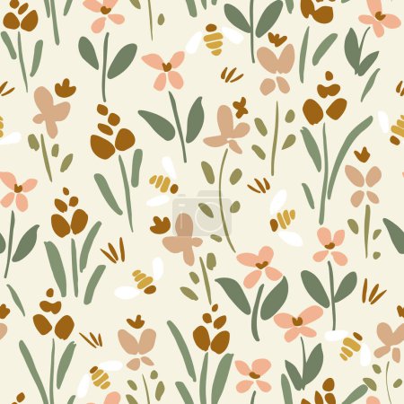 Illustration for Garden of bees flying over mix of little flowers swaying in the wind in subtle palette of pink, green, brown and yellow over cream yellow background. Cute floral pattern. Great for home decor, fabric - Royalty Free Image