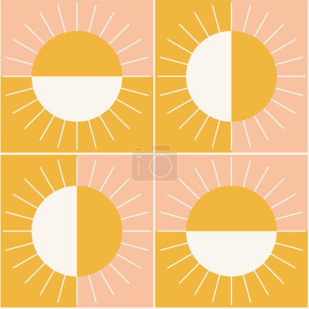 Niedliche minimalistische Malerei von Sonnenuntergang und Sonnenaufgang in Gelb, Pfirsich und Weiß. Einfaches geometrisches Muster. Ideal für Wohnkultur, Stoff, Tapeten, Geschenkpapier, Schreibwaren und Designprojekte. 