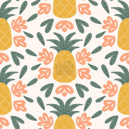 Illustration for Simple, cute, hand painted pineapples in yellow, peach and sage arranged beautifully on off white background forming a damask pattern. Beautiful hand-drawn tropical fruit garden pattern. Great for - Royalty Free Image