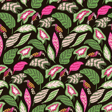 Illustration for Hand drawn leaves forming lush foliage giving a tropical funky jungle vibe in green,pink,black. Great for home decor, fabric, wallpaper, gift-wrap, stationery, and packaging design projects. - Royalty Free Image