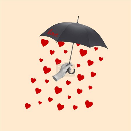 Zeitgenössische Kunstcollage einer Hand, die einen Regenschirm hält und von Herzen regnet. Modernes Design. Urlaub und Liebe Konzepte. Frauentag, Valentinstag. Grußkarte vorhanden. Kopierraum.