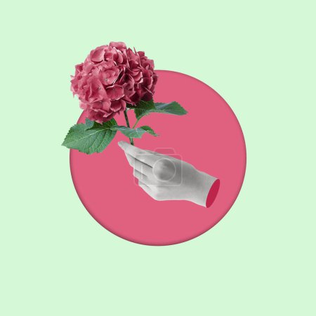 Téléchargez les photos : Collage créatif de main tenant une fleur d'hortensia. Vacances et concept d'amour. Viva magenta fond de couleur. Carte de vœux. Espace de copie. - en image libre de droit