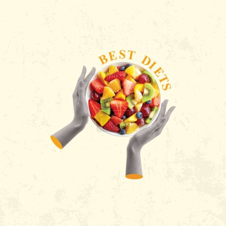 Téléchargez les photos : Contemporary art collage of hands with a plate of fruit. Healthy nutrition concept. The best diet. Copy space for ad. - en image libre de droit