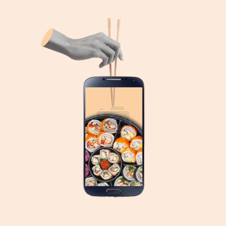 Contemporary art collage of hand holding chopsticks sticking and a set of sushi in mobile. Popular Japanese food. Concept of creativity and food online. Copy space for ad, text and design.
