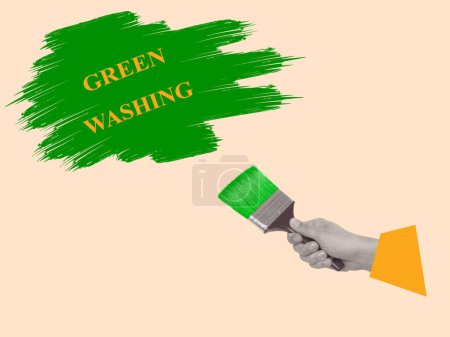 collage de arte contemporáneo con una mano sosteniendo un cepillo. Concepto de lavado verde. Diseño moderno. Relaciones públicas y tendencia sobre el cuidado del medio ambiente. Copiar espacio para anuncio.