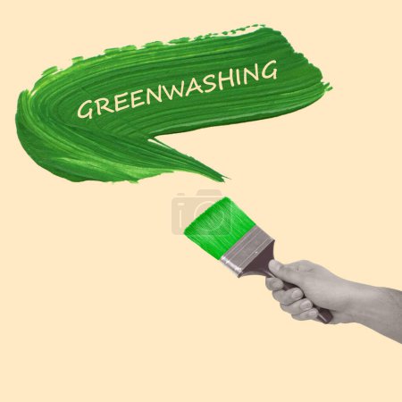 Collage zeitgenössischer Kunst mit einer Hand, die einen Pinsel hält. Greenwashing-Konzept. Modernes Design. PR und Trend zum Umweltschutz. Kopierraum für Werbung.