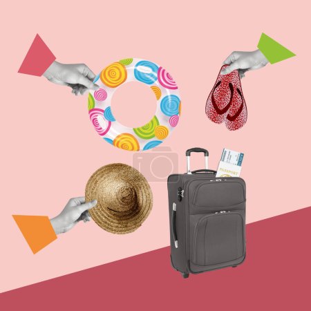 Creative art collage with hands, things to relax and a suitcase. World travel concept. Modern design. Copy space.