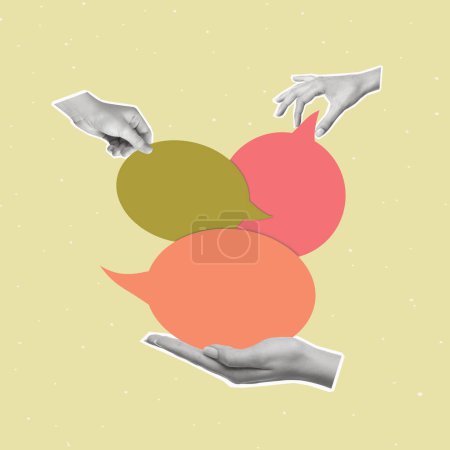Téléchargez les photos : Contemporary art collage of human hands holding dialogue bubble. Concept of communication, news, chat, infographic. Creative design. Copy space. - en image libre de droit