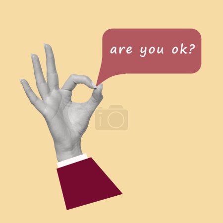Zeitgenössische Kunstcollage menschlicher Hand, die Ok-Geste zeigt und eine Dialogblase hält. Dialog ist wichtig. Okay, Handzeichen. Kreatives Design. Kopierraum.