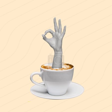 Téléchargez les photos : Collage d'art contemporain avec main montrant un geste correct et une tasse de café. D'accord, signe de la main. Design moderne. Espace de copie pour la publicité, le texte et le design. - en image libre de droit