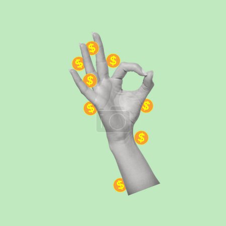 Téléchargez les photos : Collage d'art contemporain avec main montrant ok geste et pièces en dollars. Le concept de profit et de richesse. D'accord, signe de la main. espace. - en image libre de droit