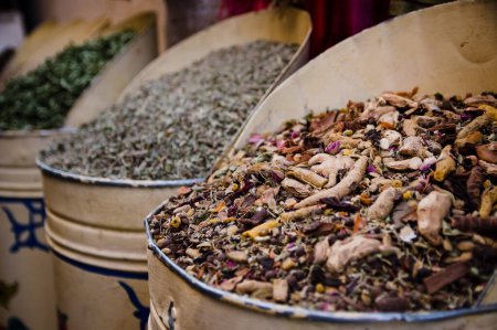 Photo for Natural selection of colorful spices and ingredients in Morocco Marakech market outside - Royalty Free Image