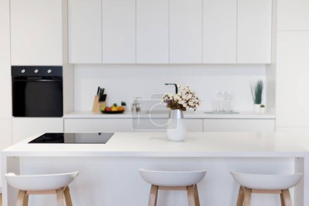 Téléchargez les photos : Cuisine moderne élégante blanche avec murs blancs, chaises et table, espace de copie - en image libre de droit