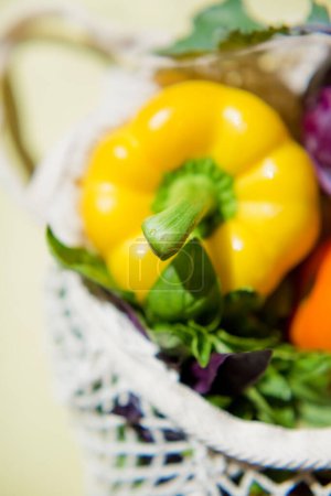 Las verduras frescas maduras del verano se cierran. Verduras coloridas, pimienta, tomates, pepino, colinabo y albahaca en una bolsa de hilo sobre un fondo amarillo claro