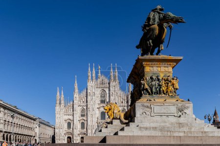 Photo for MILAN, ITALY - MARCH 2023: Equestrian statue of Vittorio Emanuele II in Piazza Duomo covered in paint by next generation environmental activists to raise awareness on climate. - Royalty Free Image