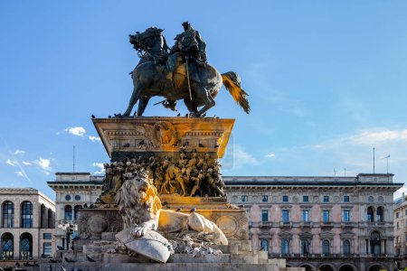 Photo for MILAN, ITALY - MARCH 2023: Equestrian statue of Vittorio Emanuele II in Piazza Duomo covered in paint by next generation environmental activists to raise awareness on climate. - Royalty Free Image