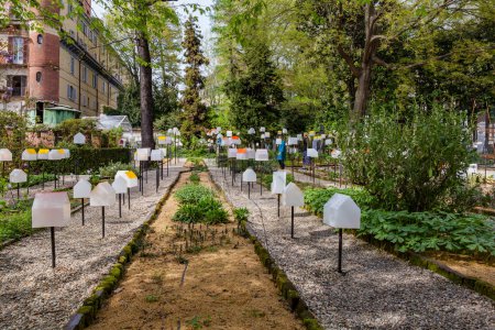 Photo for MILAN, ITALY - April 2018: Installation transforms the Brera Botanical Garden into a green city, during the design week. House in motion exhibition promoted by the design magazine Interni for a smart town. - Royalty Free Image