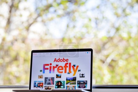Photo for ITALY - April 4, 2023: Adobe Firefly website displayed on mac laptop screen. Adobe has announced the beta release of its AI Art Generator tool. - Royalty Free Image
