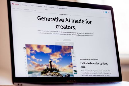 Photo for ITALY - April 4, 2023: Adobe Firefly website displayed on mac laptop screen. Adobe has announced the beta release of its AI Art Generator tool. - Royalty Free Image